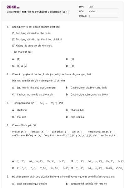 Đề kiểm tra 1 tiết Hóa học 9 Chương 3 có đáp án (Đề 1)
