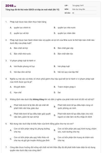 Tổng hợp đề thi thử môn GDCD có đáp án mới nhất (Đề 15)