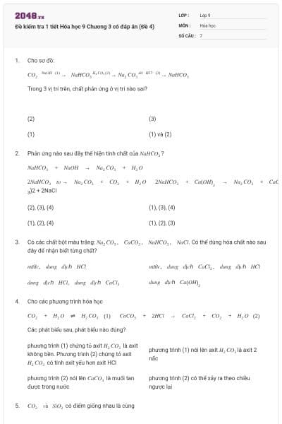 Đề kiểm tra 1 tiết Hóa học 9 Chương 3 có đáp án (Đề 4)