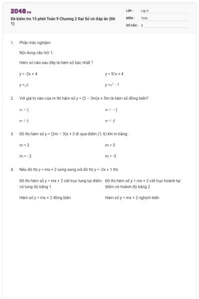 Đề kiểm tra 15 phút Toán 9 Chương 2 Đại Số có đáp án (Đề 1)
