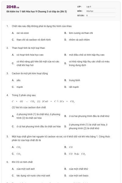 Đề kiểm tra 1 tiết Hóa học 9 Chương 3 có đáp án (Đề 3)