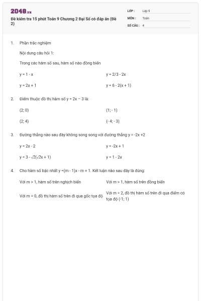 Đề kiểm tra 15 phút Toán 9 Chương 2 Đại Số có đáp án (Đề 2)