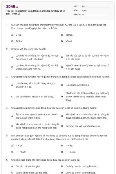 460 Bài trắc nghiệm Dao động cơ chọn lọc cực hay có lời giải ( Phần 2)