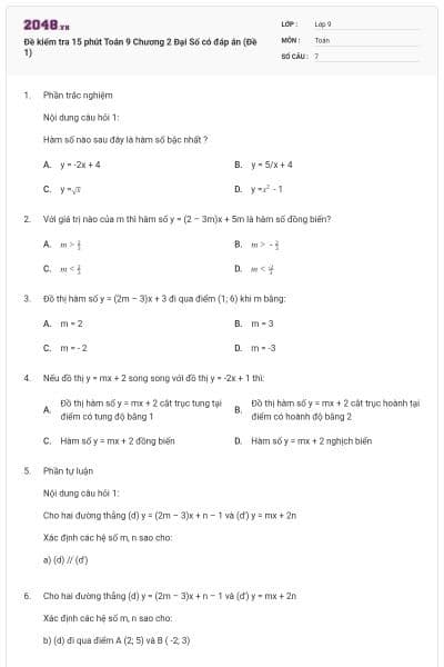 Đề kiểm tra 15 phút Toán 9 Chương 2 Đại Số có đáp án (Đề 1)