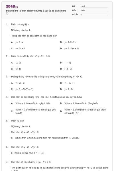 Đề kiểm tra 15 phút Toán 9 Chương 2 Đại Số có đáp án (Đề 2)