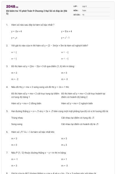 Đề kiểm tra 15 phút Toán 9 Chương 2 Đại Số có đáp án (Đề 5)