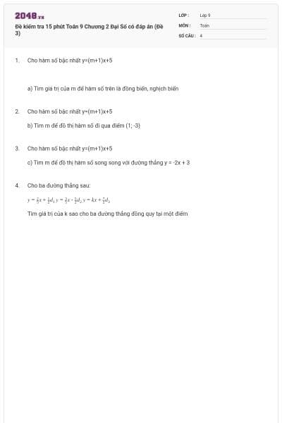 Đề kiểm tra 15 phút Toán 9 Chương 2 Đại Số có đáp án (Đề 3)