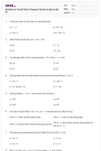 Đề kiểm tra 15 phút Toán 9 Chương 2 Đại Số có đáp án (Đề 6)