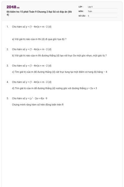 Đề kiểm tra 15 phút Toán 9 Chương 2 Đại Số có đáp án (Đề 4)