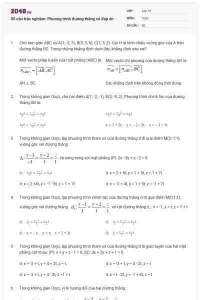50 câu trắc nghiệm: Phương trình đường thẳng có đáp án