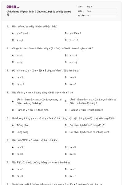 Đề kiểm tra 15 phút Toán 9 Chương 2 Đại Số có đáp án (Đề 5)