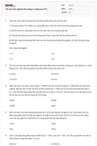 150 câu trắc nghiệm Dao động cơ nâng cao (P1)