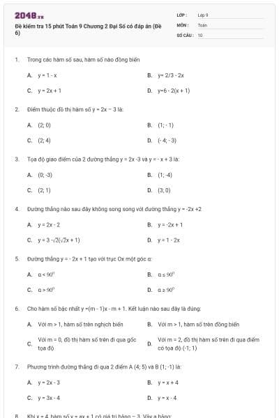 Đề kiểm tra 15 phút Toán 9 Chương 2 Đại Số có đáp án (Đề 6)