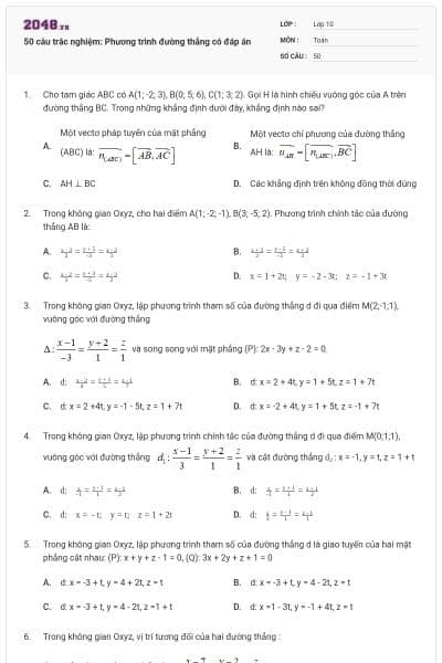 50 câu trắc nghiệm: Phương trình đường thẳng có đáp án