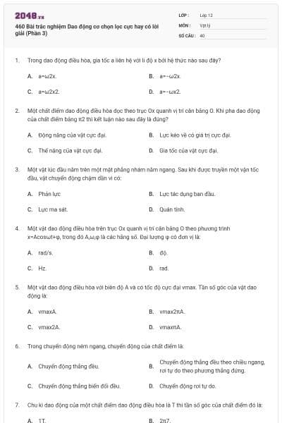 460 Bài trắc nghiệm Dao động cơ chọn lọc cực hay có lời giải (Phần 3)