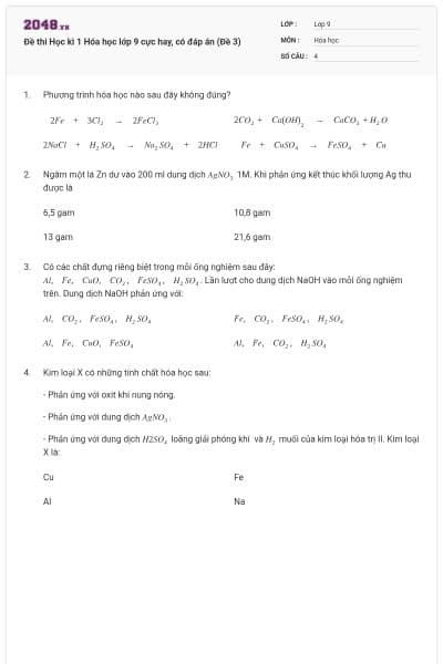 Đề thi Học kì 1 Hóa học lớp 9 cực hay, có đáp án (Đề 3)