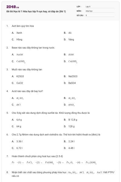 Đề thi Học kì 1 Hóa học lớp 9 cực hay, có đáp án (Đề 1)