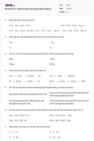 Đề thi Học kì 1 Hóa học lớp 9 cực hay, có đáp án (Đề 4)