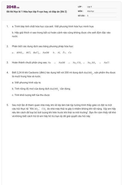 Đề thi Học kì 1 Hóa học lớp 9 cực hay, có đáp án (Đề 2)