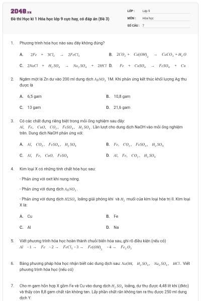 Đề thi Học kì 1 Hóa học lớp 9 cực hay, có đáp án (Đề 3)