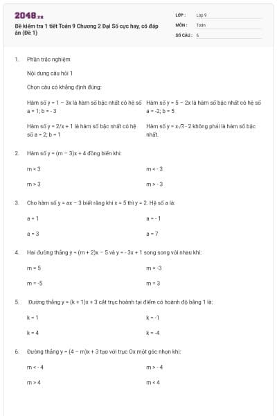 Đề kiểm tra 1 tiết Toán 9 Chương 2 Đại Số cực hay, có đáp án (Đề 1)