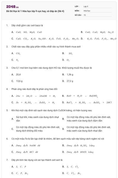 Đề thi Học kì 1 Hóa học lớp 9 cực hay, có đáp án (Đề 4)