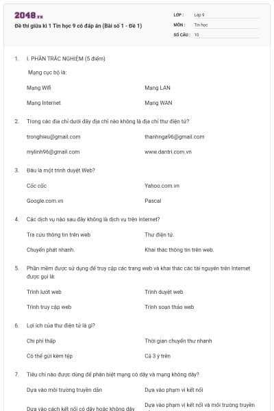 Đề thi giữa kì 1 Tin học 9 có đáp án (Bài số 1 - Đề 1)