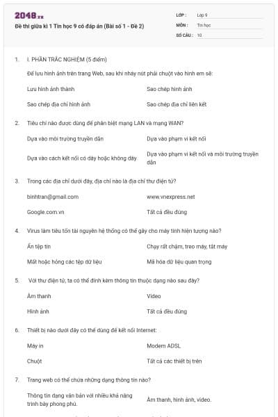 Đề thi giữa kì 1 Tin học 9 có đáp án (Bài số 1 - Đề 2)
