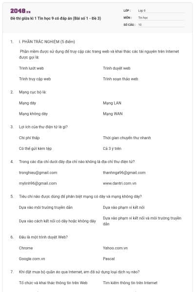 Đề thi giữa kì 1 Tin học 9 có đáp án (Bài số 1 - Đề 3)