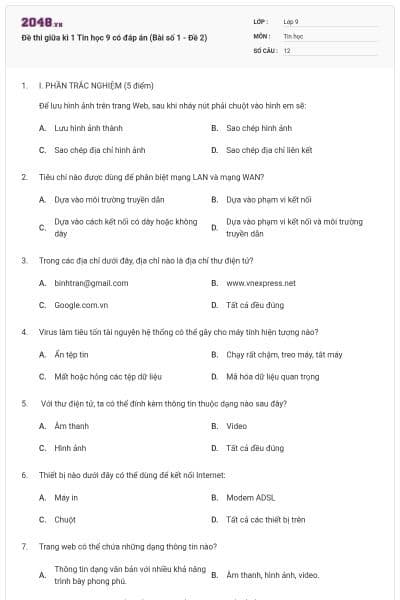 Đề thi giữa kì 1 Tin học 9 có đáp án (Bài số 1 - Đề 2)