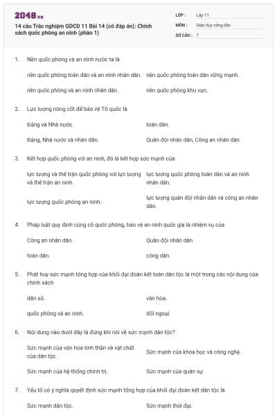 14 câu Trắc nghiệm GDCD 11 Bài 14 (có đáp án): Chính sách quốc phòng an ninh (phần 1)