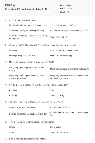 Đề thi giữa kì 1 Tin học 9 có đáp án (Bài số 1 - Đề 4)