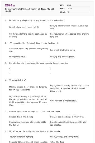 Đề kiểm tra 15 phút Tin học 9 Học kì 1 có đáp án (Bài số 2 - Đề 2)