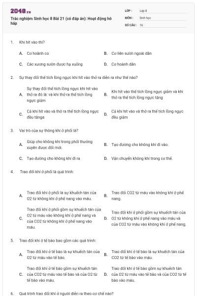 Trắc nghiệm Sinh học 8 Bài 21 (có đáp án): Hoạt động hô hấp