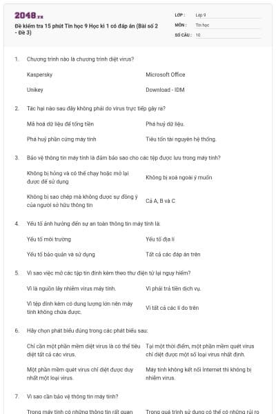 Đề kiểm tra 15 phút Tin học 9 Học kì 1 có đáp án (Bài số 2 - Đề 3)