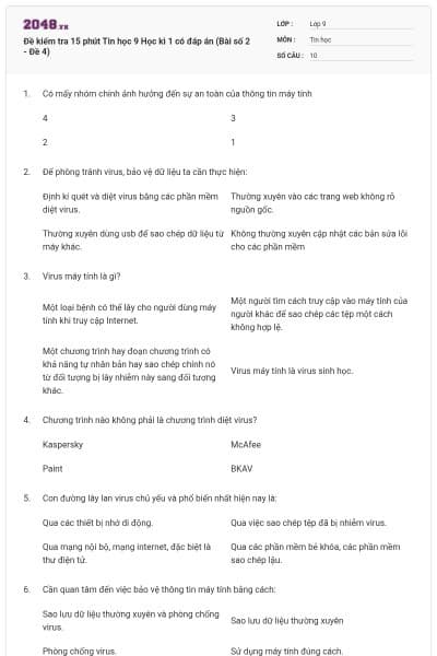 Đề kiểm tra 15 phút Tin học 9 Học kì 1 có đáp án (Bài số 2 - Đề 4)