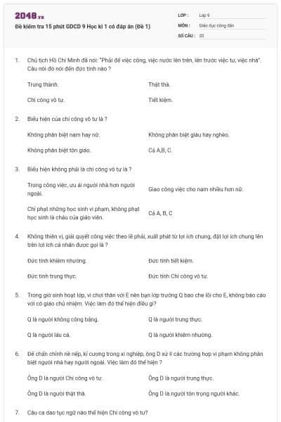 Đề kiểm tra 15 phút GDCD 9 Học kì 1 có đáp án (Đề 1)