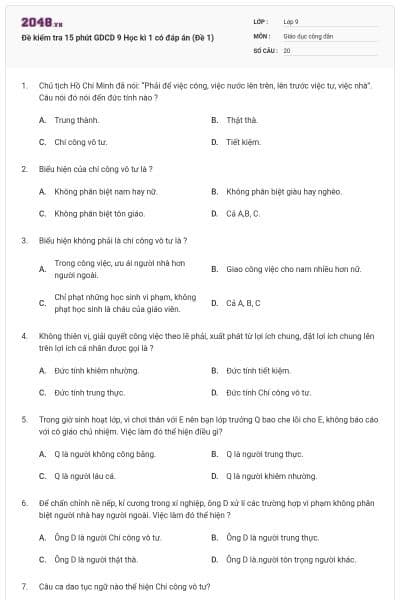 Đề kiểm tra 15 phút GDCD 9 Học kì 1 có đáp án (Đề 1)