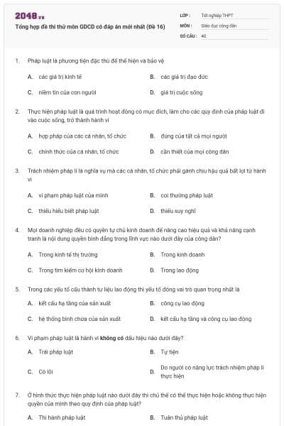 Tổng hợp đề thi thử môn GDCD có đáp án mới nhất (Đề 16)