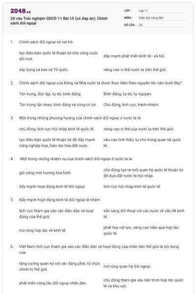 20 câu  Trắc nghiệm GDCD 11 Bài 15 (có đáp án): Chính sách đối ngoại