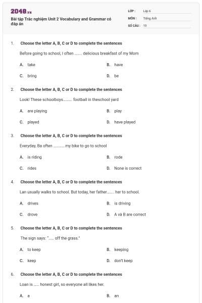 Bài tập Trắc nghiệm Unit 2 Vocabulary and Grammar có đáp án