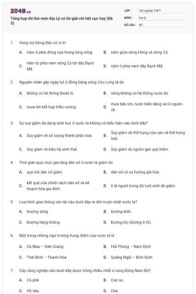 Tổng hợp thi thử môn Địa Lý có lời giải chi tiết cực hay (Đề 3)