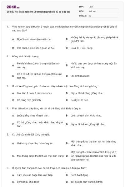 25 câu hỏi Trắc nghiệm Di truyền người (đề 1) có đáp án