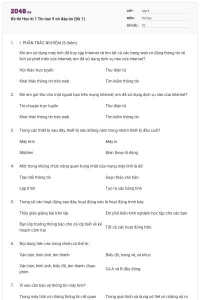Đề thi Học kì 1 Tin học 9 có đáp án (Đề 1)