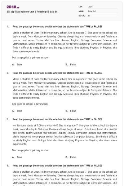 Bài tập Trắc nghiệm Unit 2 Reading có đáp án