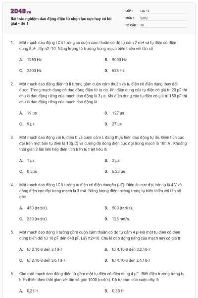 Bài trắc nghiệm dao động điện từ chọn lọc cực hay có lời giải - đề 1