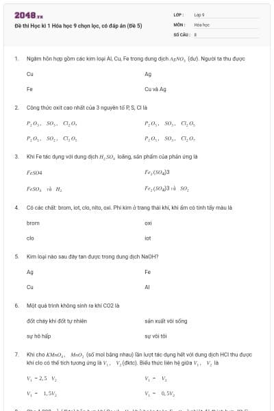Đề thi Học kì 1 Hóa học 9 chọn lọc, có đáp án (Đề 5)