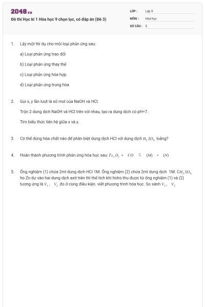 Đề thi Học kì 1 Hóa học 9 chọn lọc, có đáp án (Đề 3)