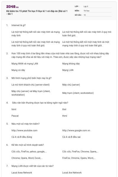Đề kiểm tra 15 phút Tin học 9 Học kì 1 có đáp án (Bài số 1 - Đề 1