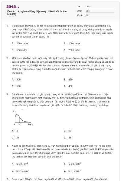 156 câu trắc nghiệm Dòng điện xoay chiều từ đề thi thử thpt (P1)